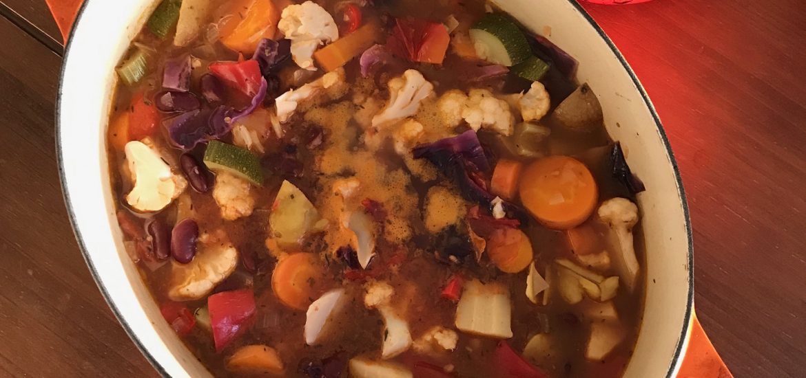 Dutch oven with minestrone soup