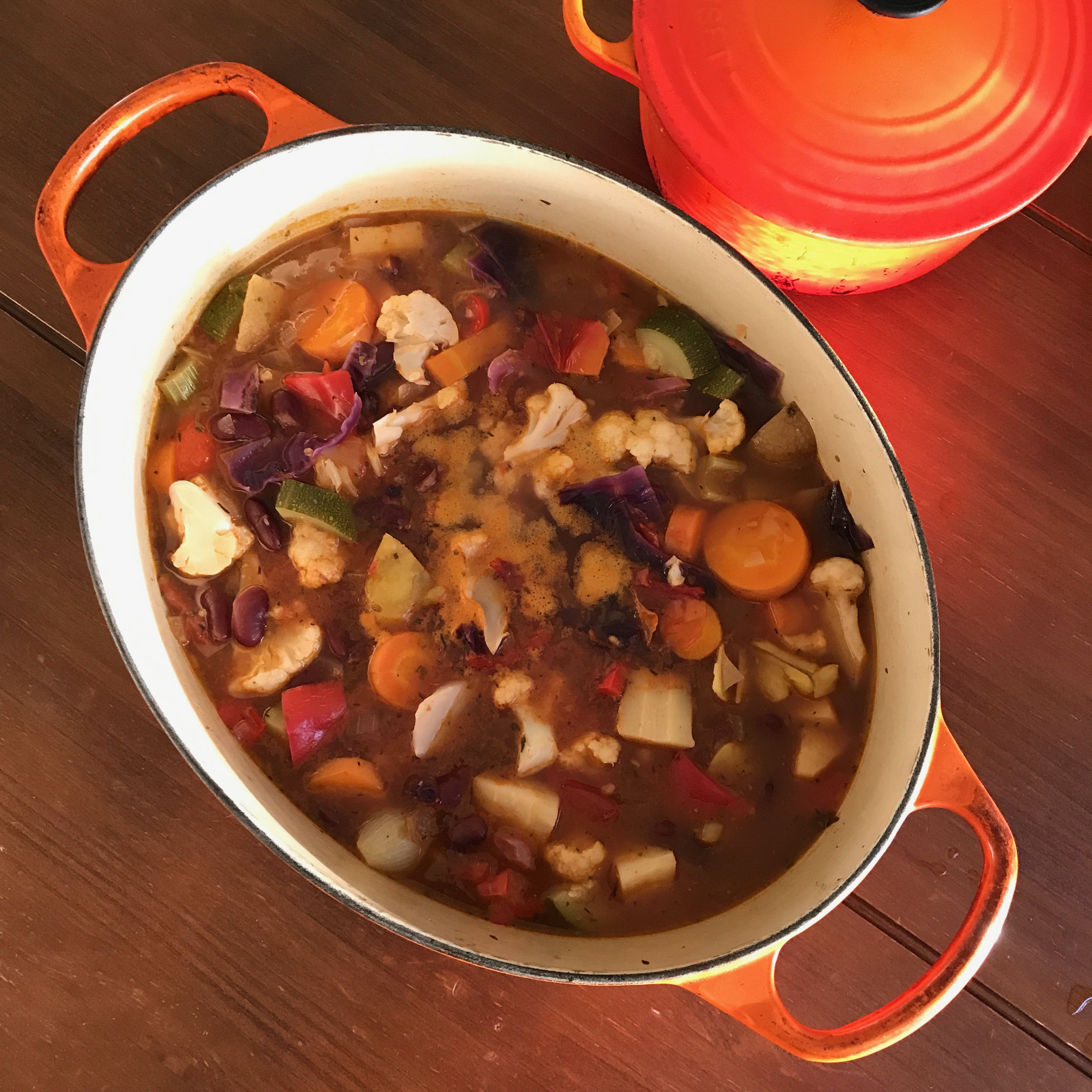 Dutch oven with minestrone soup