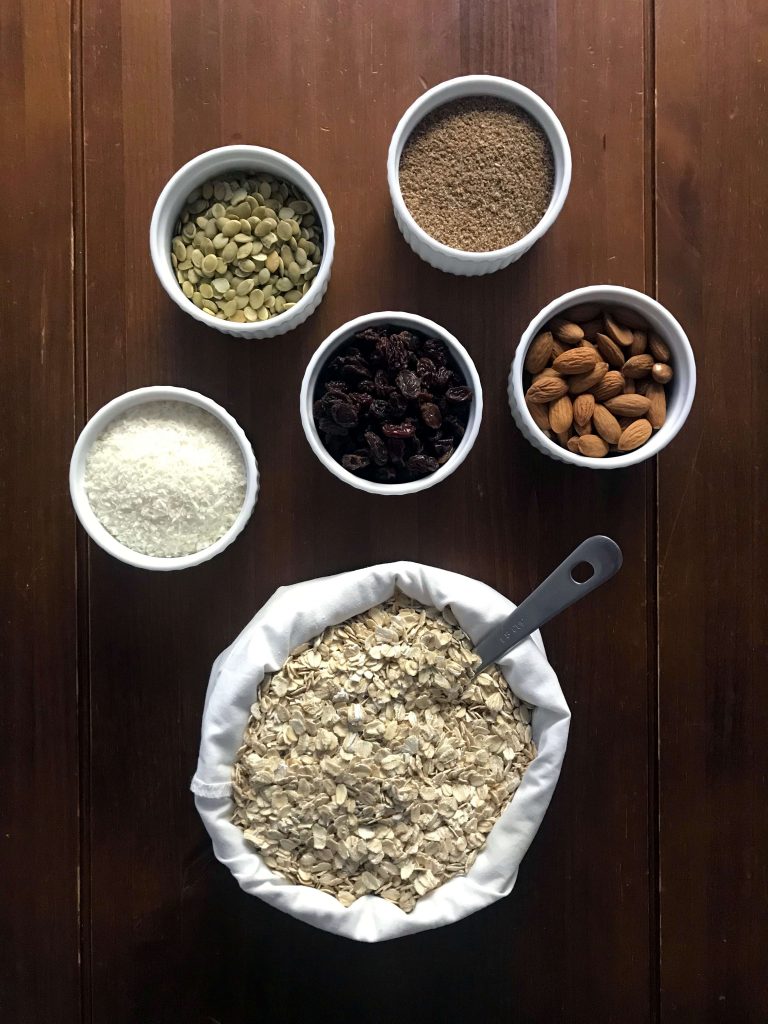 muesli ingredients, oats, nuts, seeds and dry fruit
