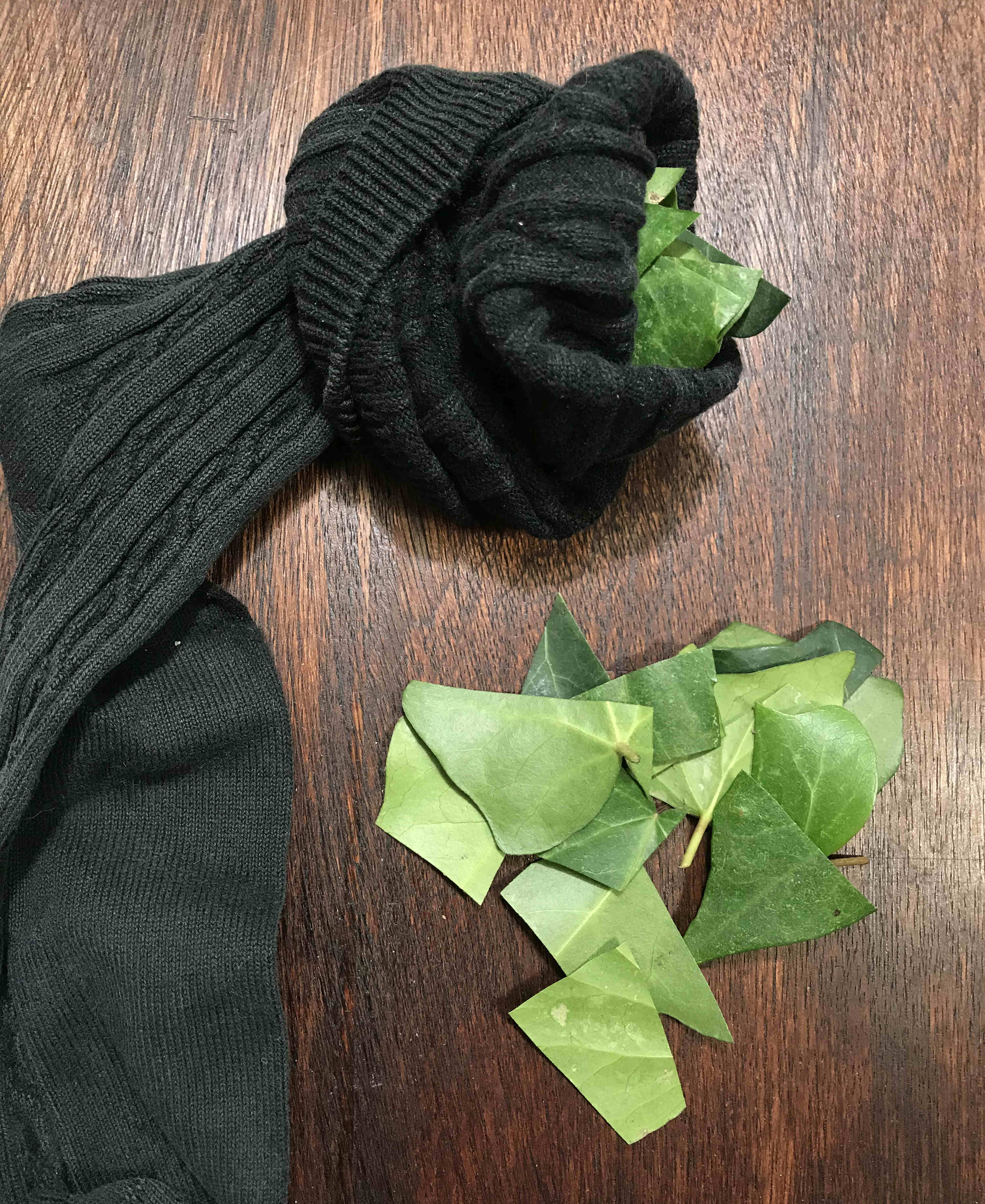 a sock filled with cut up ivy leaves to wash clothes