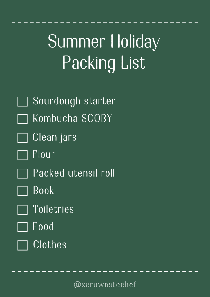 a travel packing checklist that lists sourdough starter and other necessities