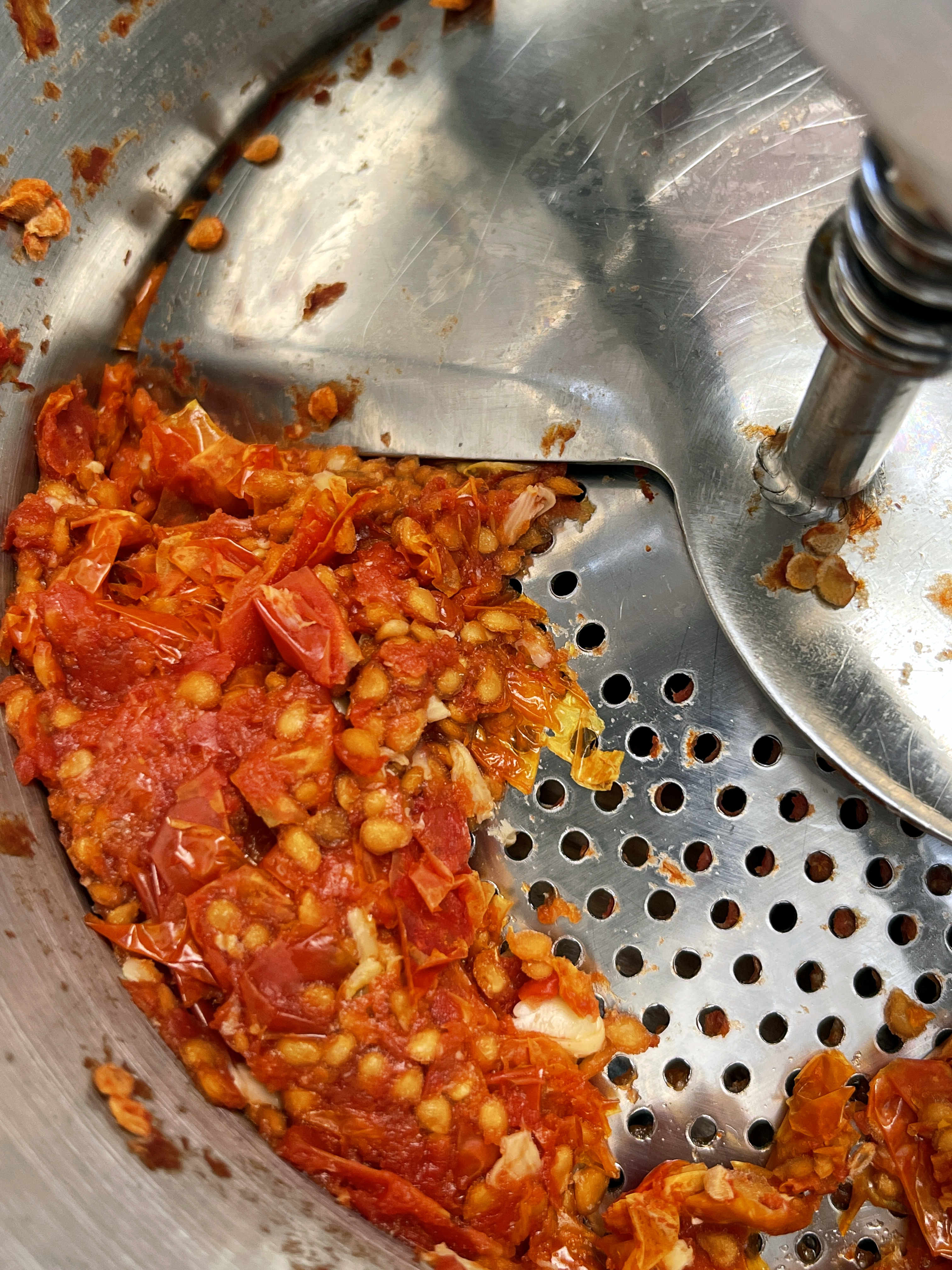 A closeup of a stainless steel food mill that has been processing tomatoes. Only seeds and peels are left behind.