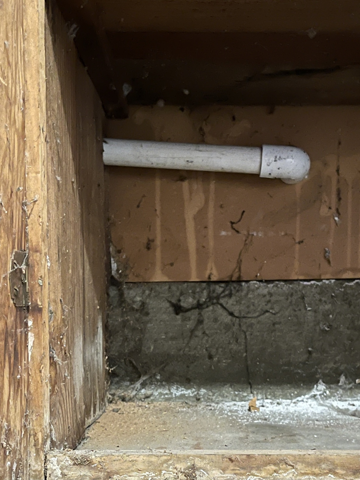Inside a wooden garage cupboard, a white tube carries greywater outside to the landscape