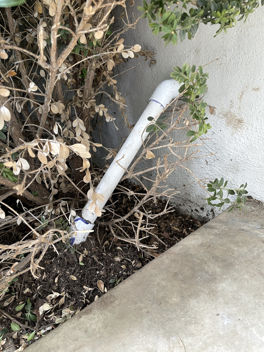 A white pipe coming out of the wall and going down into the soil carries greywater outside
