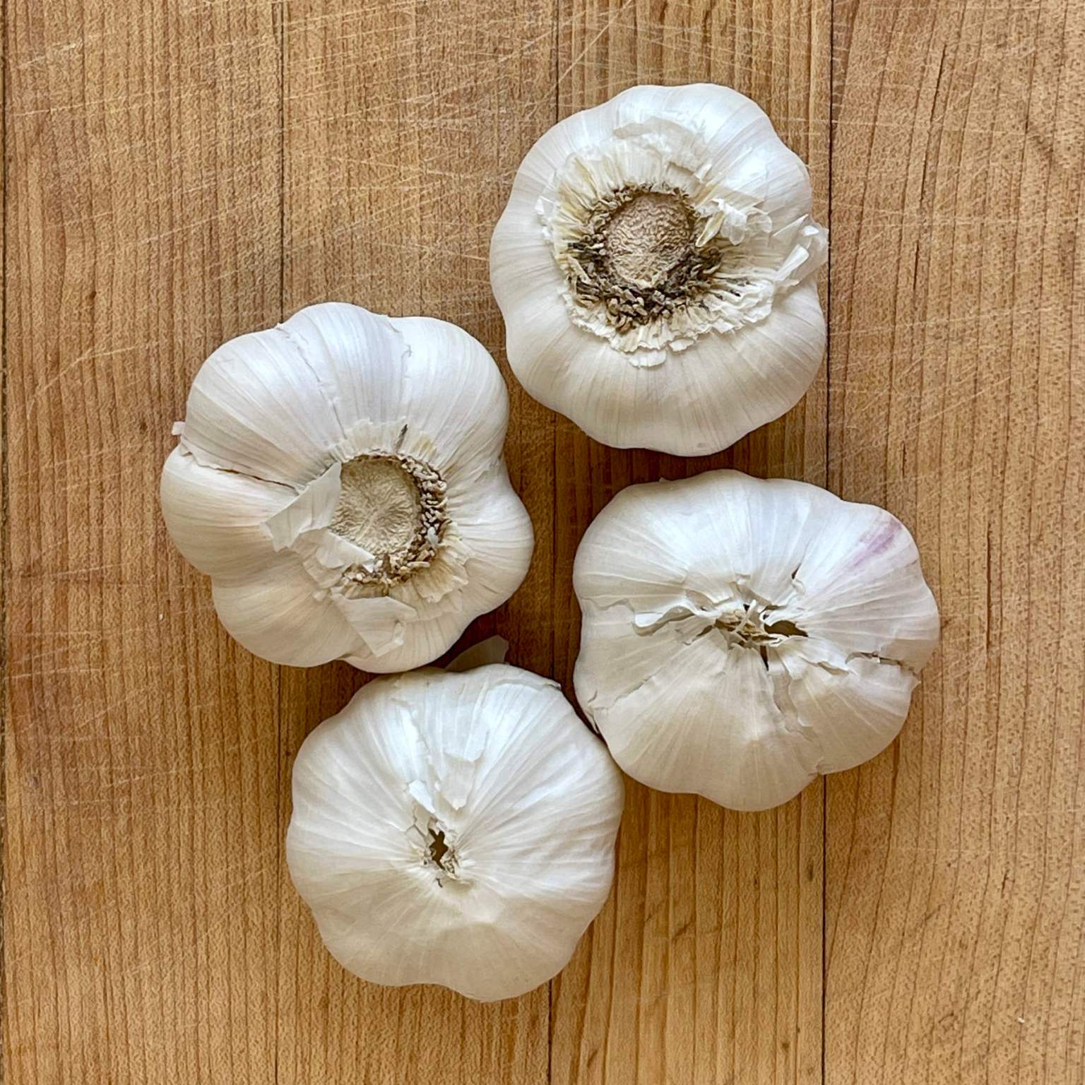 Four heads of garlic sit on a wooden cutting board