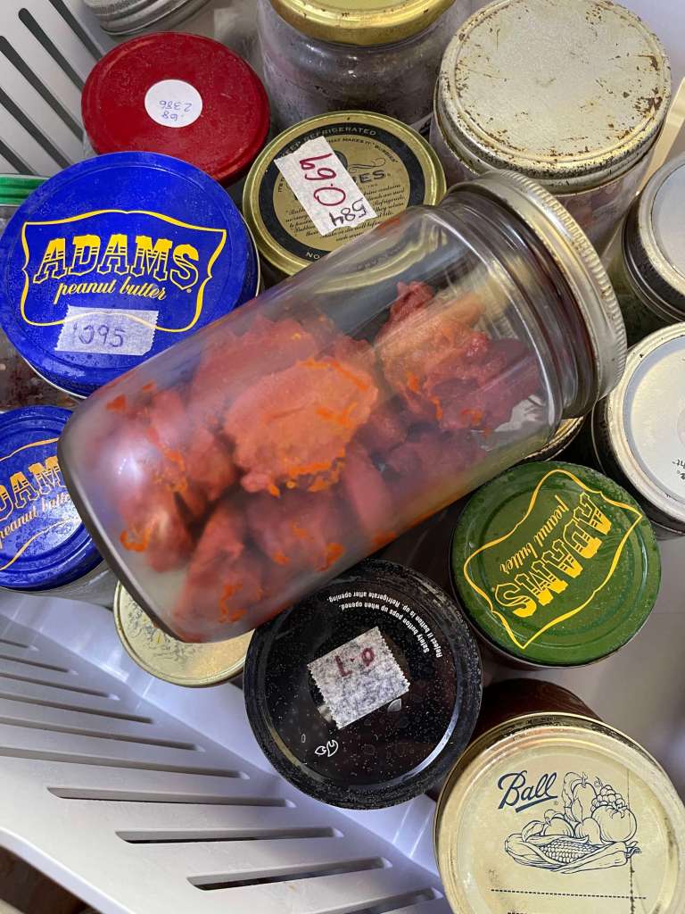 A large glass jar is filled with frozen blobs of tomato paste. The jar sits on top of various jars filled with frozen food.