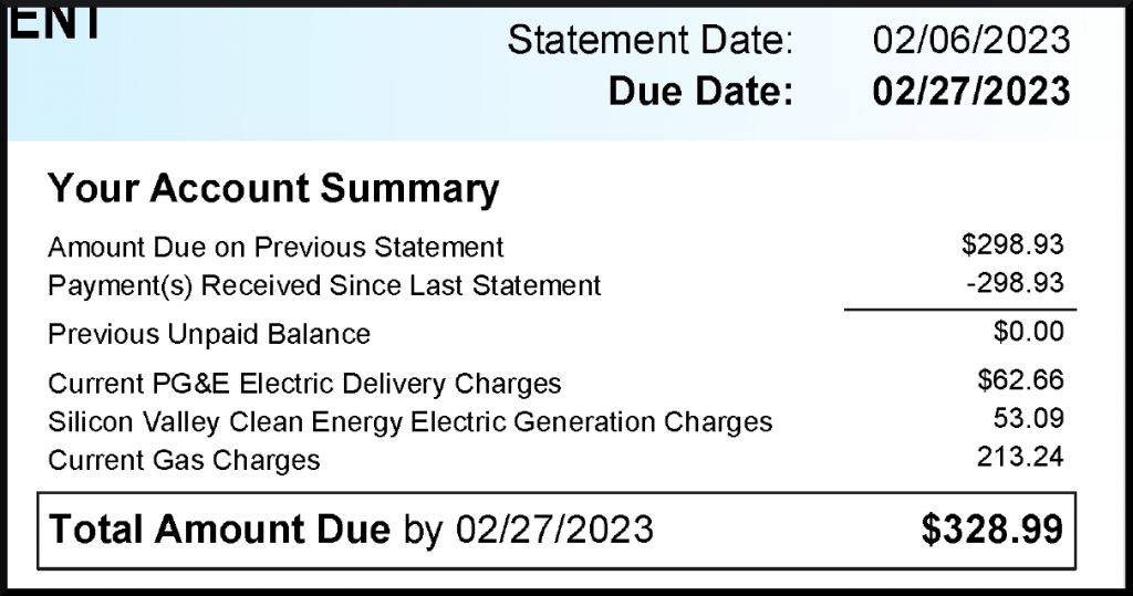 A screenshot of a February 2023 PG&E bill